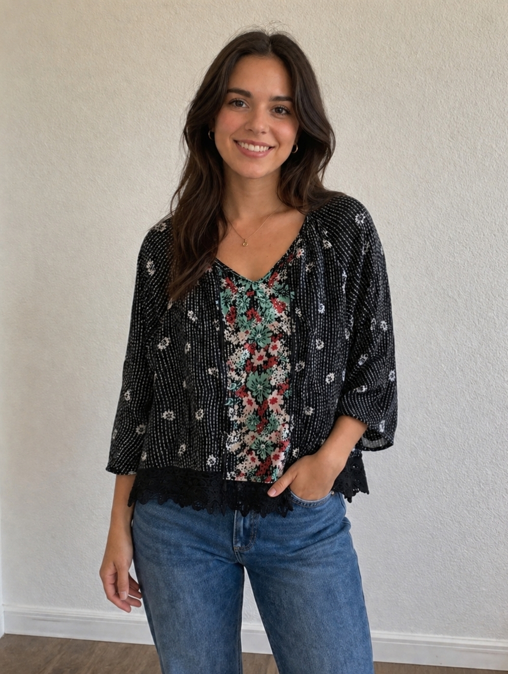 Style & Co. Black Floral V-Neck, Size Petite Small